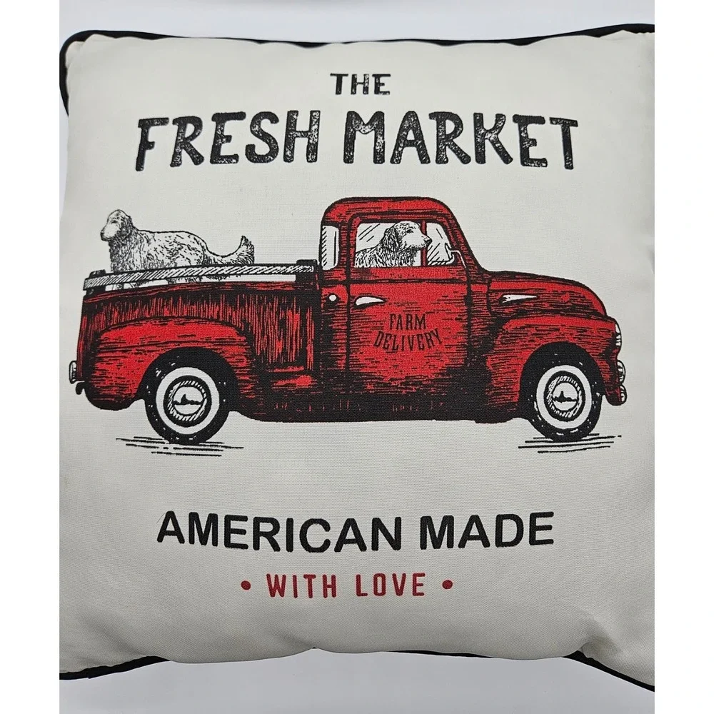 The Fresh Market Vintage‎ Red Truck Dog Farmhouse Throw Pillow 12x12 Reversible